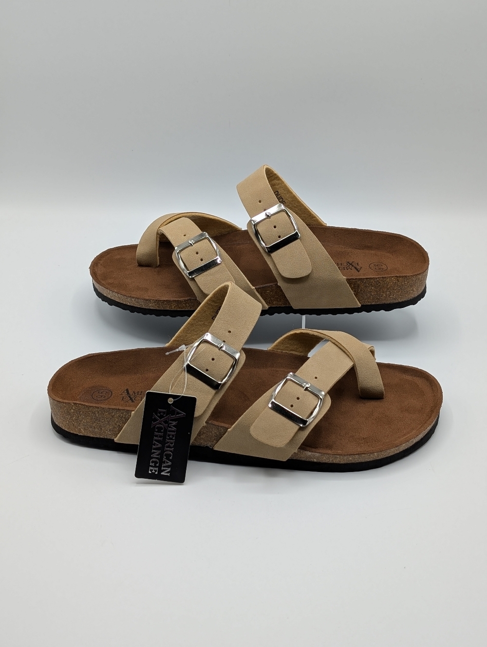 American Exchange Men's 11 Beige Double Buckle Cork Sandals Flats